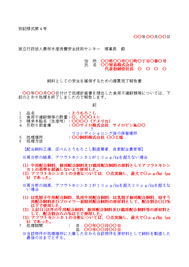 輸入検査時のアフラトキシン分析結果が20μg/kg超の別記仕様４の１